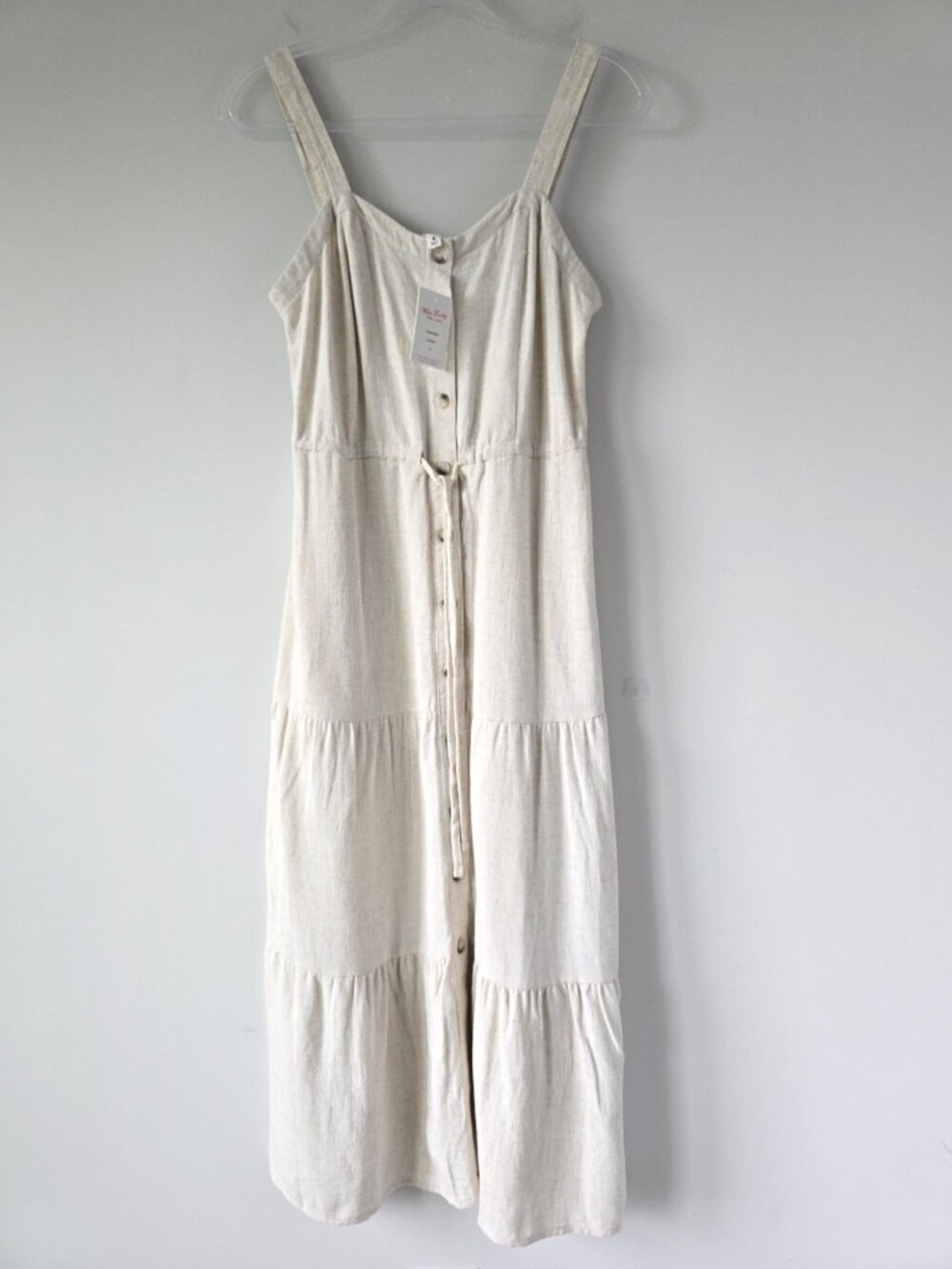 NWT Lucky Brand Linen Tiered Smocked Midi Dress M Beige Cream